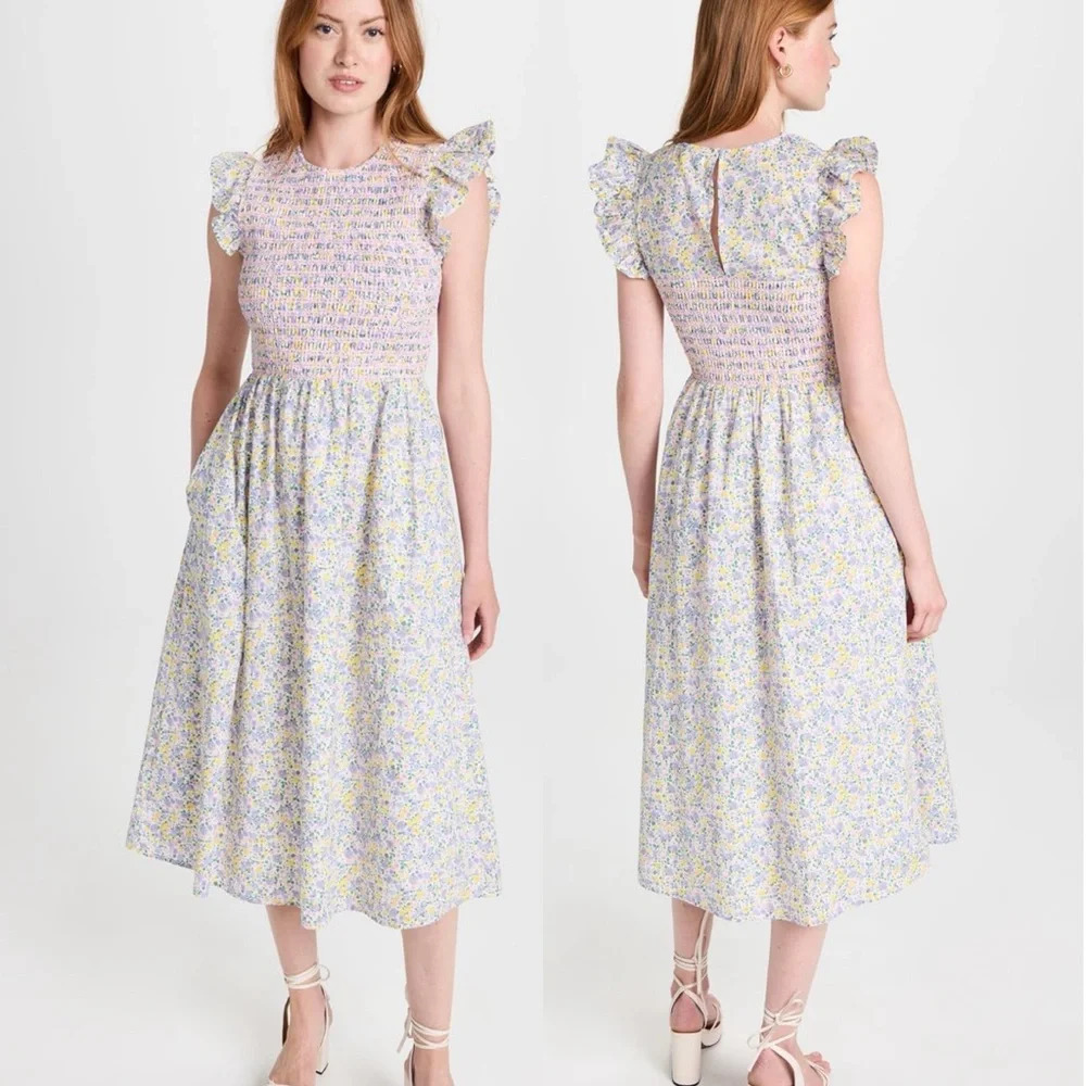 English Factory Floral Smocked Flutter Sleeve Midi Dress Size Large